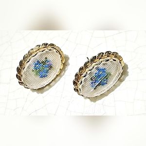 Vintage gold-toned earrings hand-embroidered forget-me-not flowers on Guilloche